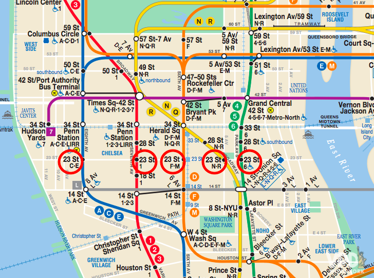 Mapa do metrô mostrando as estações com nomes iguais.