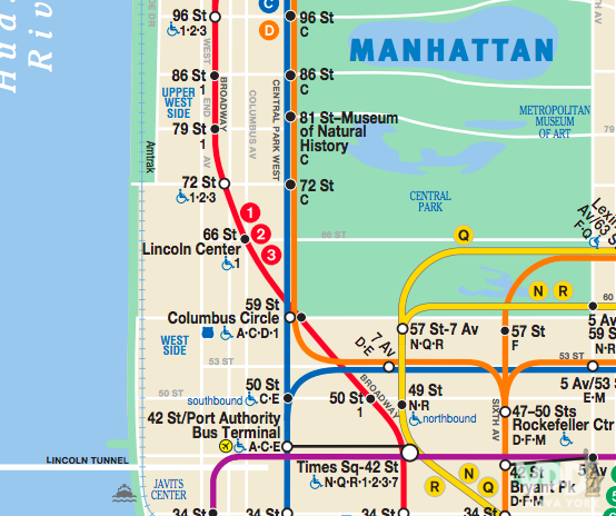 Mapa do metrô de Nova York. O número logo abaixo da estação indica qual linha para ali