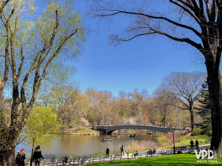 Foto do Central Park, um dos locais por onde você pode fazer um tour de graça. É possível ver uma ponte, as árvores de outono e o céu azul ao fundo