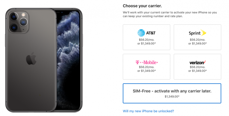 Print do site da Apple mostrando o iphone e as opções de planos.