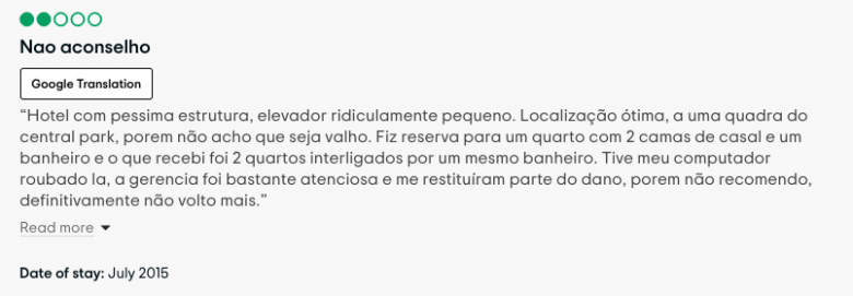 Foto de uma avaliação no TripAdvisor. Elas dizem muito sobre o hotel