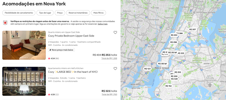 Você pode escolher se quer apartamento inteiro ou só um cômodo para a sua hospedagem. Foto das opções de acomodação disponíveis no AirBnB