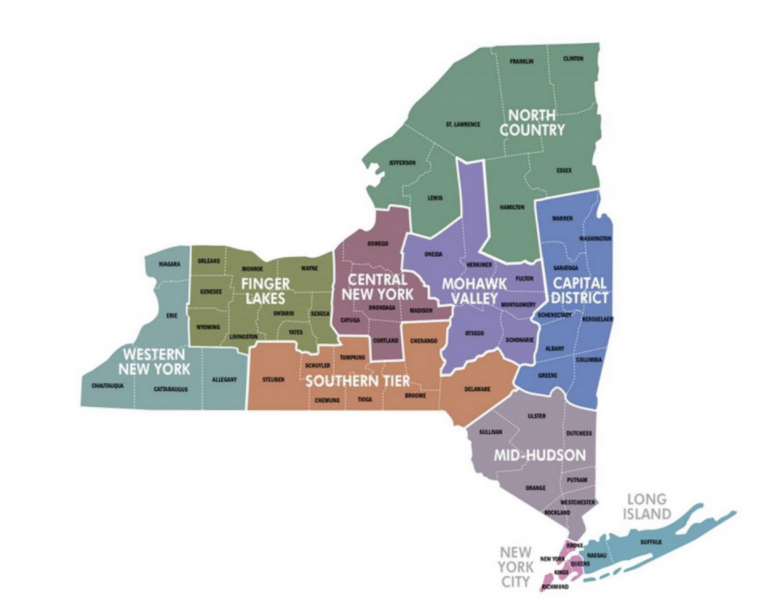 Mapa das regiões do estado de NY, com as 3 que vão avançar de fase no sudeste - New York City, Mid Hudson e Long Island 