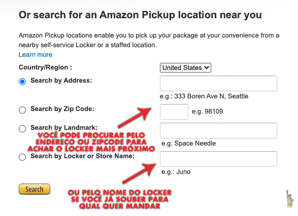 Foto da tela do site. É só colocar o endereço ou zip code para pesquisar os Amazon Lockers mais próximos de você