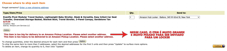 Foto da tela do site. Alguns itens não podem ser entregues no Amazon Locker, como itens muito grandes ou muito pesados