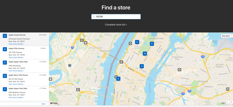 Print da tela do site mostrando como achar uma loja digitando o zip code 