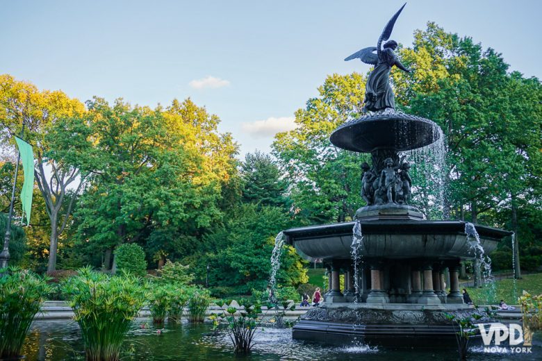 É importante seguir todas as orientações do seguro pra evitar dores de cabeça depois. Foto de uma fonte do Central Park, com as árvores verdes e amareladas ao fundo 