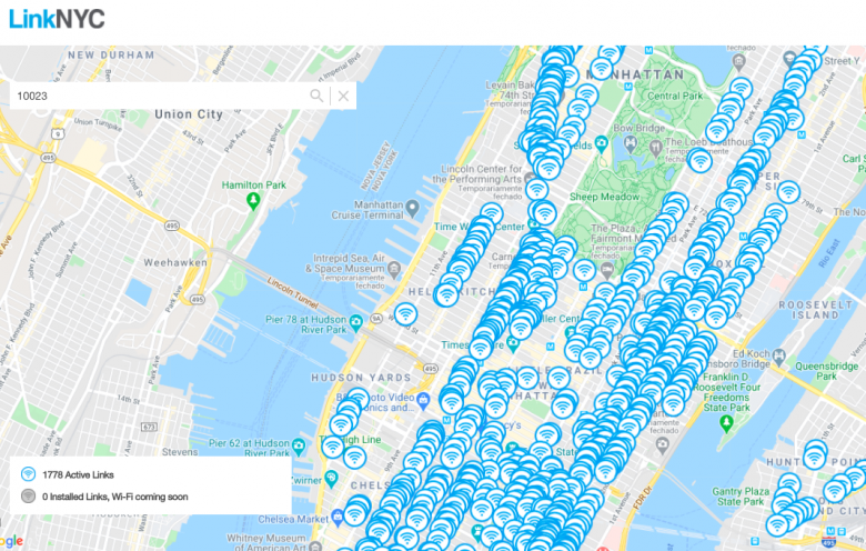 Print do site da LinkNYC com as localizações de totens pra usar a internet do celular.