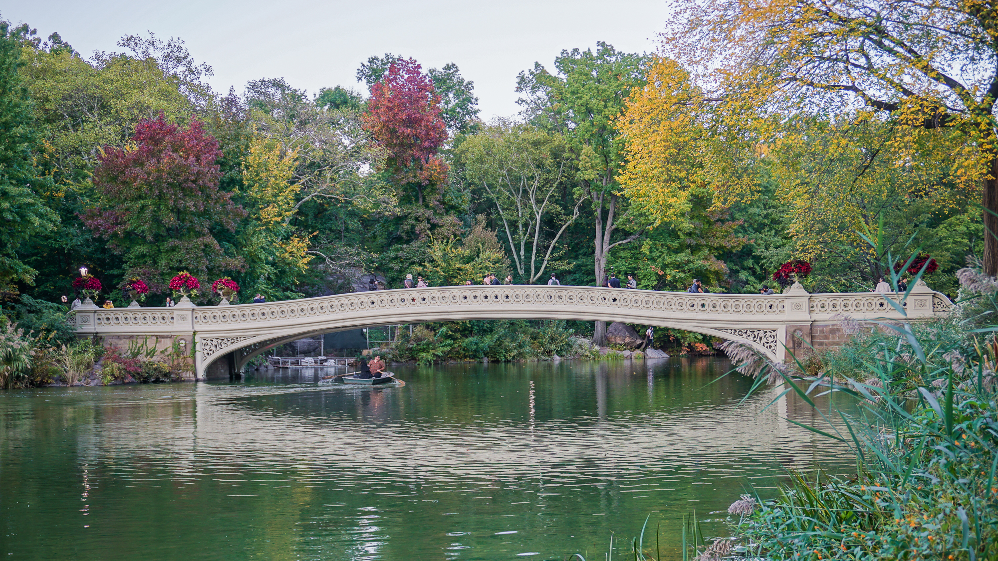 Foto da ponte do Central Park com árvores com folhas verdes, vermelhas e amarelas ao redor