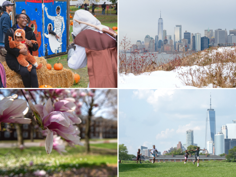 Quatro imagens de Governors Island, uma em cada estação do ano.