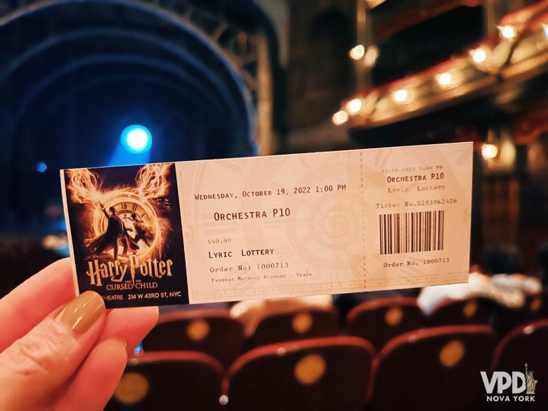 Ingresso da peça de Harry Potter, que a Bia ganhou na loteria da Broadway.