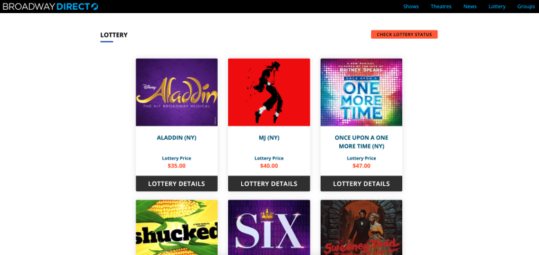 Imagem do site Broadway Direct para loteria dos ingressos. 